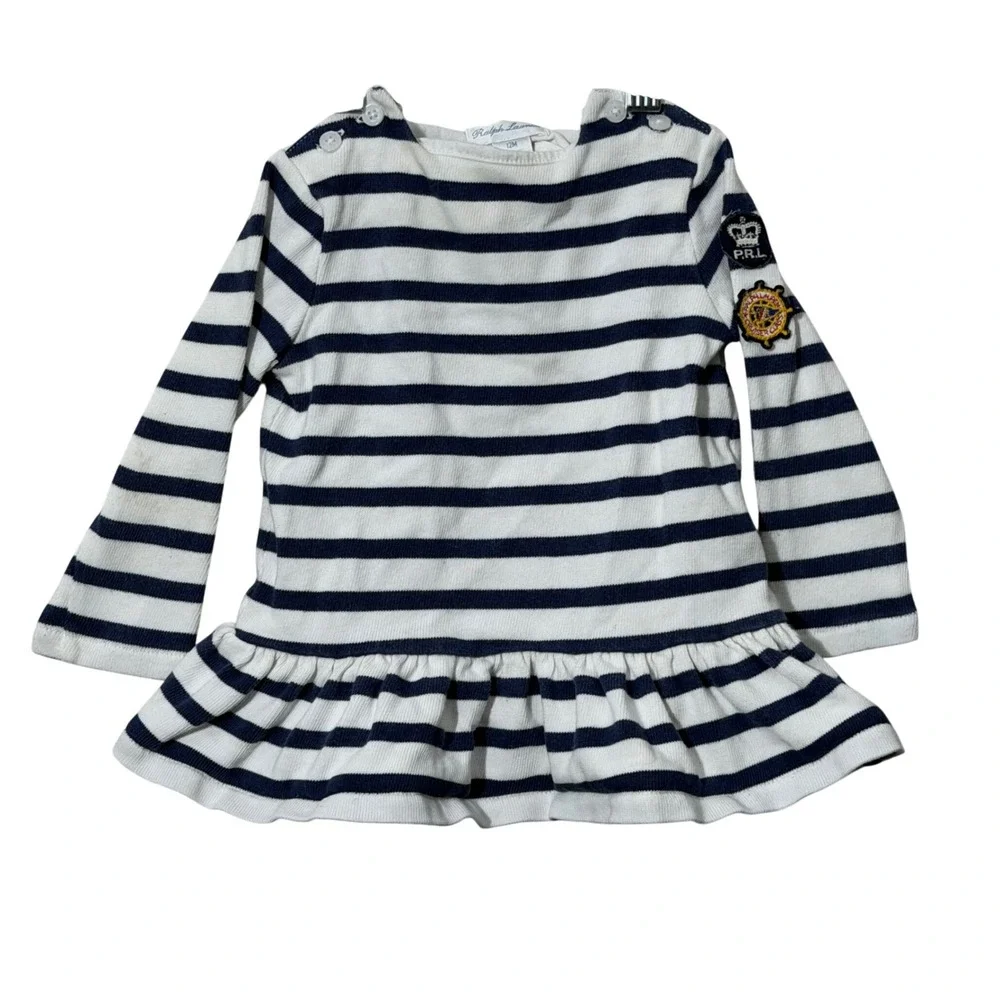 Ralph Lauren Dress Kids 12M White Navy Blue Nautical Peplum Striped Long Sleeve